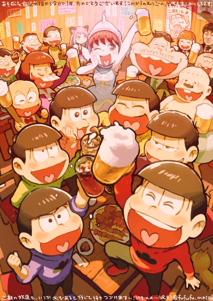 matsuno osomatsu, matsuno karamatsu, matsuno ichimatsu, matsuno jyushimatsu, matsuno choromatsu, and 13 more (osomatsu and 2 more) drawn by funuyu