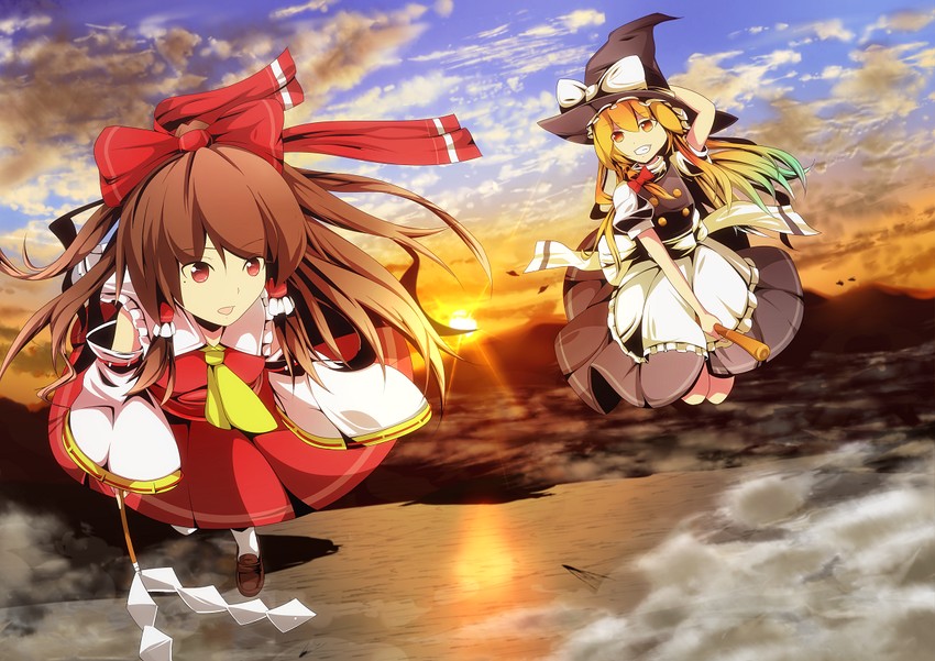 hakurei reimu and kirisame marisa (touhou) drawn by hidaka_kouyou