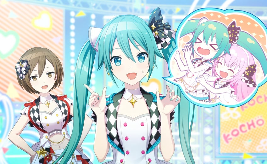 hatsune miku, megurine luka, meiko, more more jump! miku, more more jump! luka, and 1 more (vocaloid and 1 more) drawn by colorful_palette