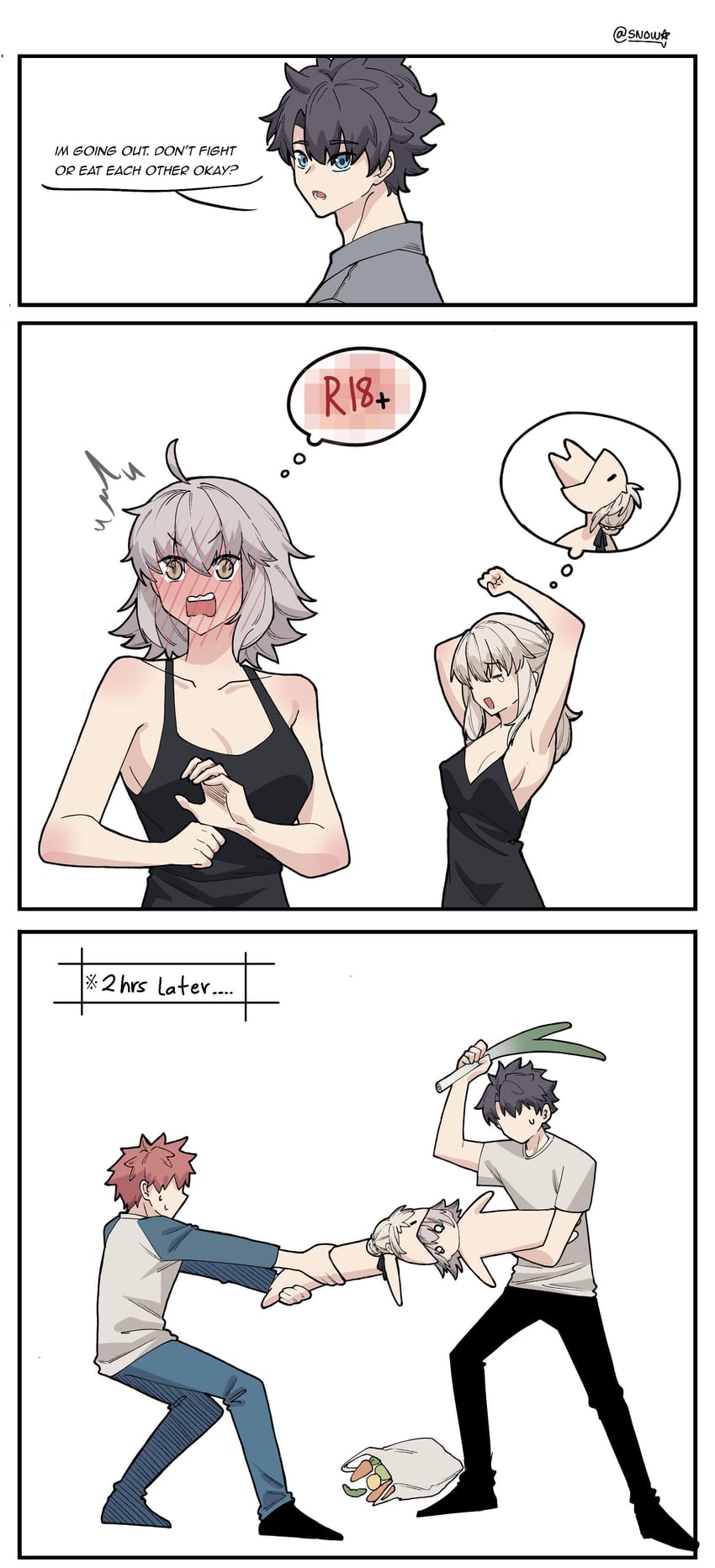 artoria pendragon, fujimaru ritsuka, jeanne d'arc alter, emiya shirou, and saber alter (fate and 2 more) drawn by suhyeon