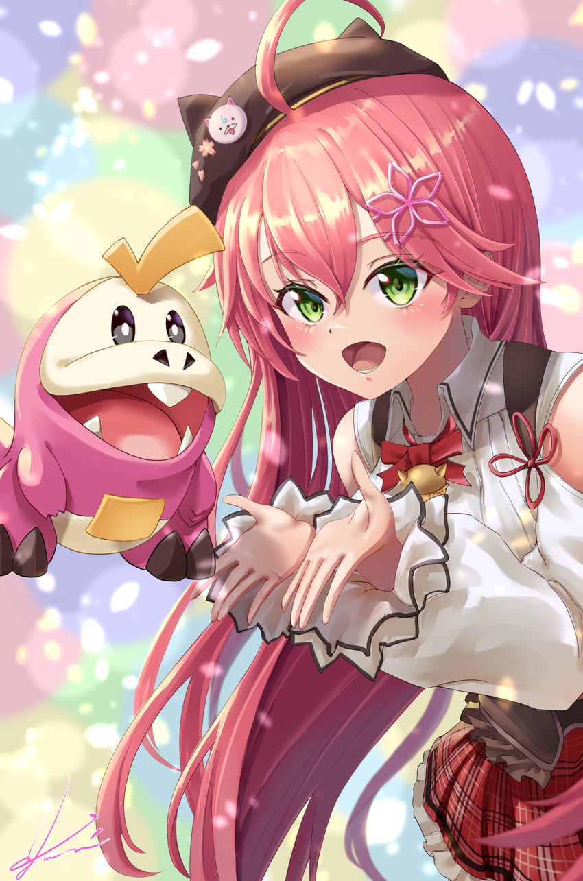 sakura miko and fuecoco (pokemon and 1 more) drawn by yam_(yam6056)