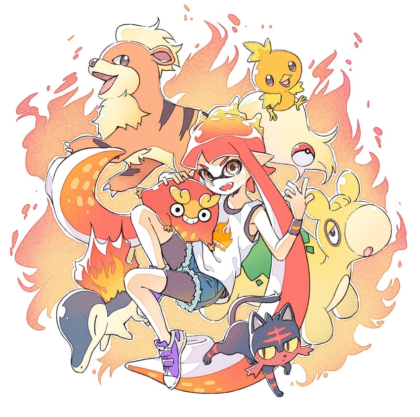 inkling player character, inkling girl, cyndaquil, torchic, litten, and 3 more (pokemon and 2 more) drawn by sen_squid