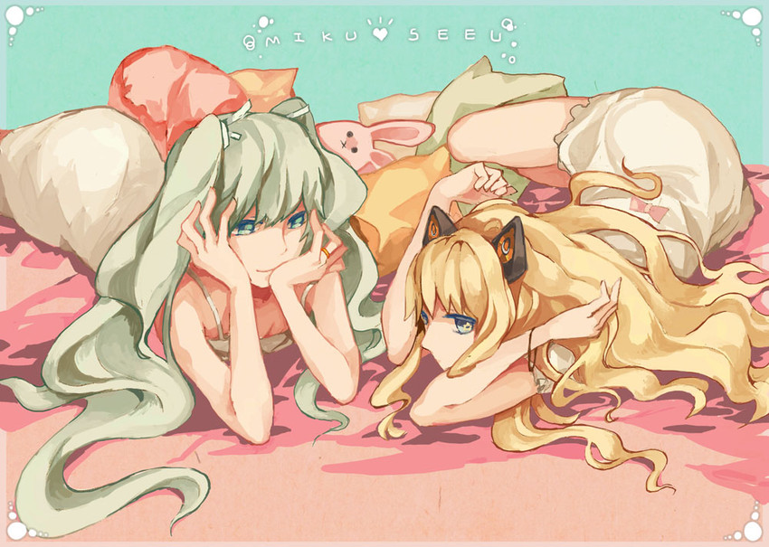 hatsune miku and seeu (vocaloid) drawn by mogi_(green_tea_planet)