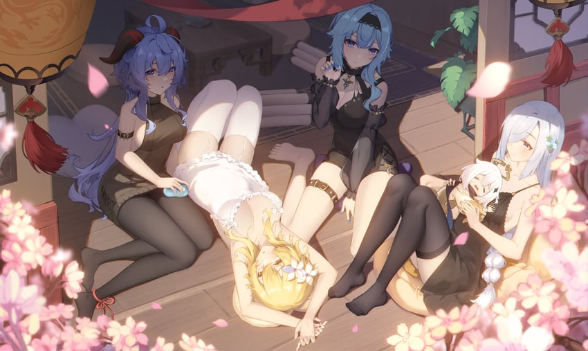 ganyu, lumine, paimon, shenhe, eula, and 1 more (genshin impact) drawn by heiyizhushenxia