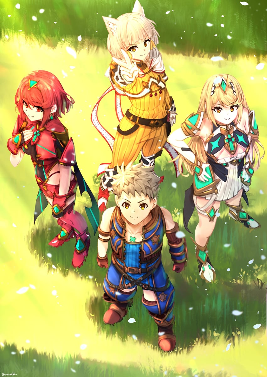 pyra, mythra, nia, and rex (xenoblade chronicles and 1 more) drawn by poteto_(potetosarada123)