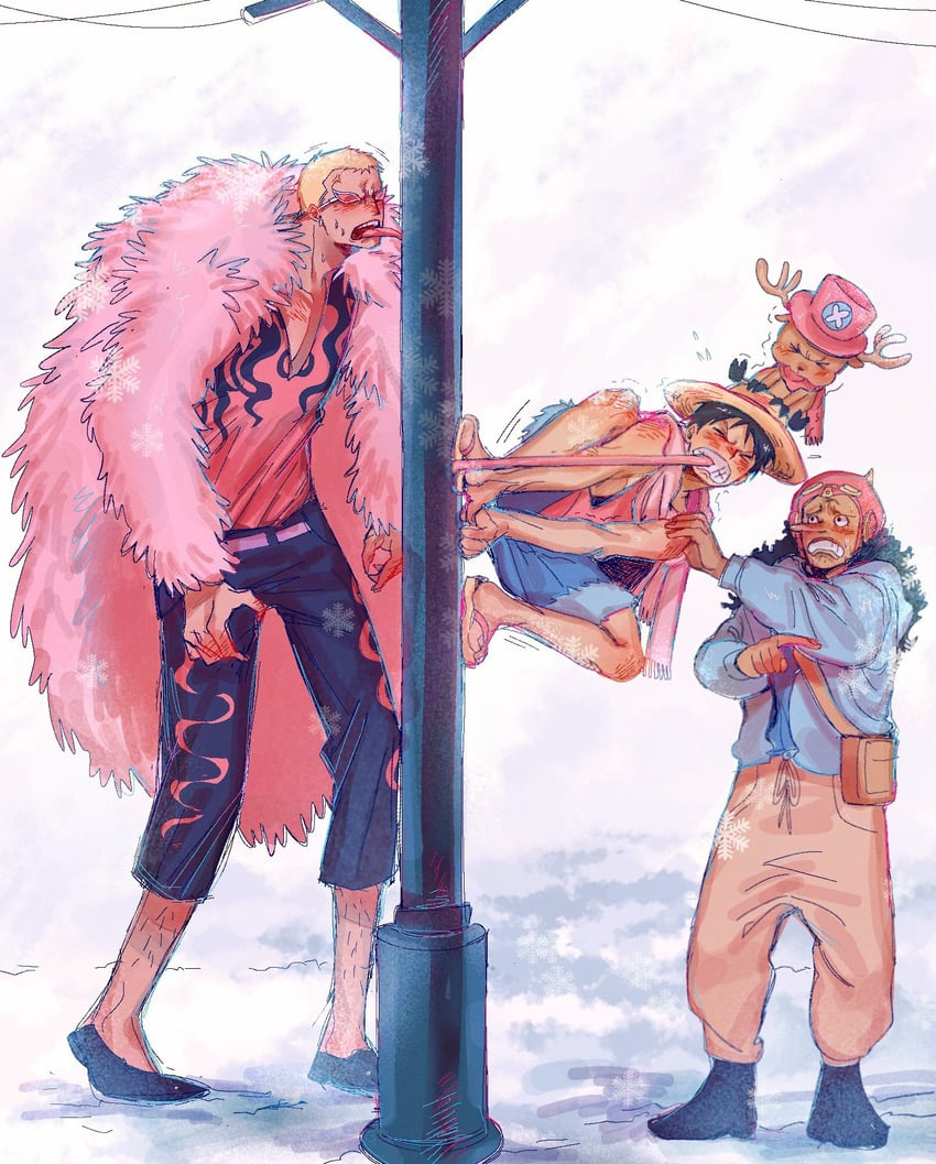 monkey d. luffy, tony tony chopper, usopp, and donquixote doflamingo (one piece) drawn by shiibeex