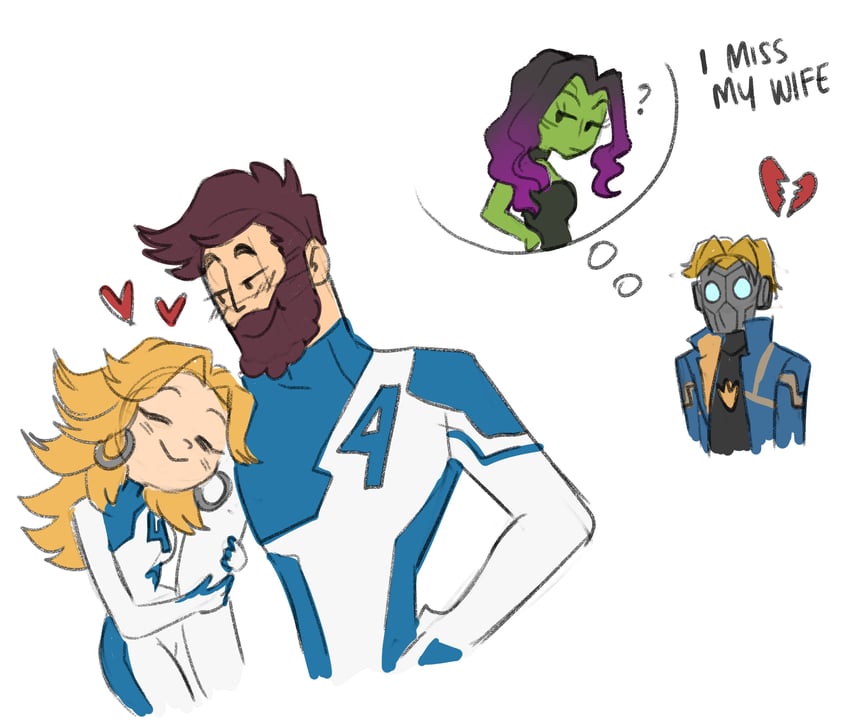 sue storm, peter quill, reed richards, and gamora (marvel and 4 more) drawn by soapallo