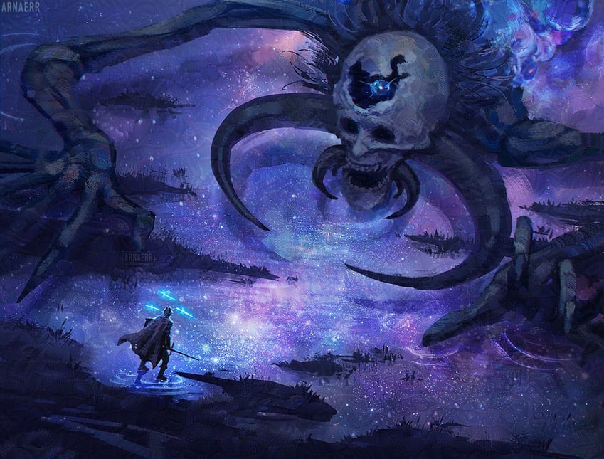 tarnished and astel naturalborn of the void (elden ring) drawn by arnaerr