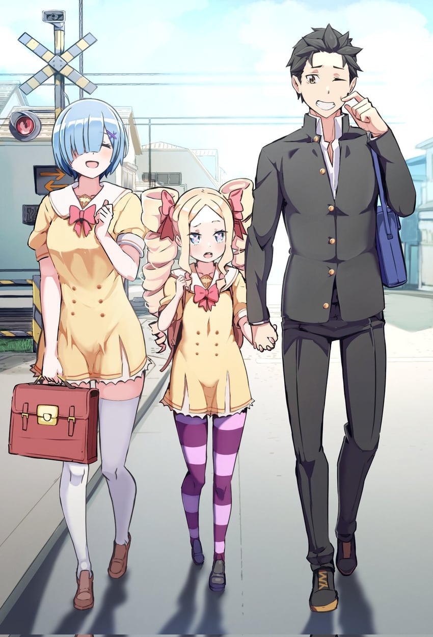 rem, natsuki subaru, and beatrice (re:zero kara hajimeru isekai seikatsu) drawn by zerobarto