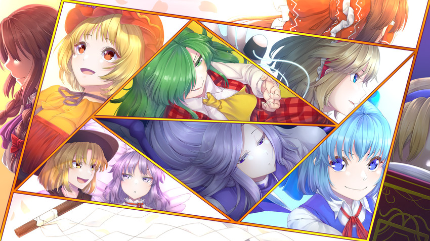 hakurei reimu, alice margatroid, cirno, kazami yuuka, aki minoriko, and 4 more (touhou) drawn by rurushia