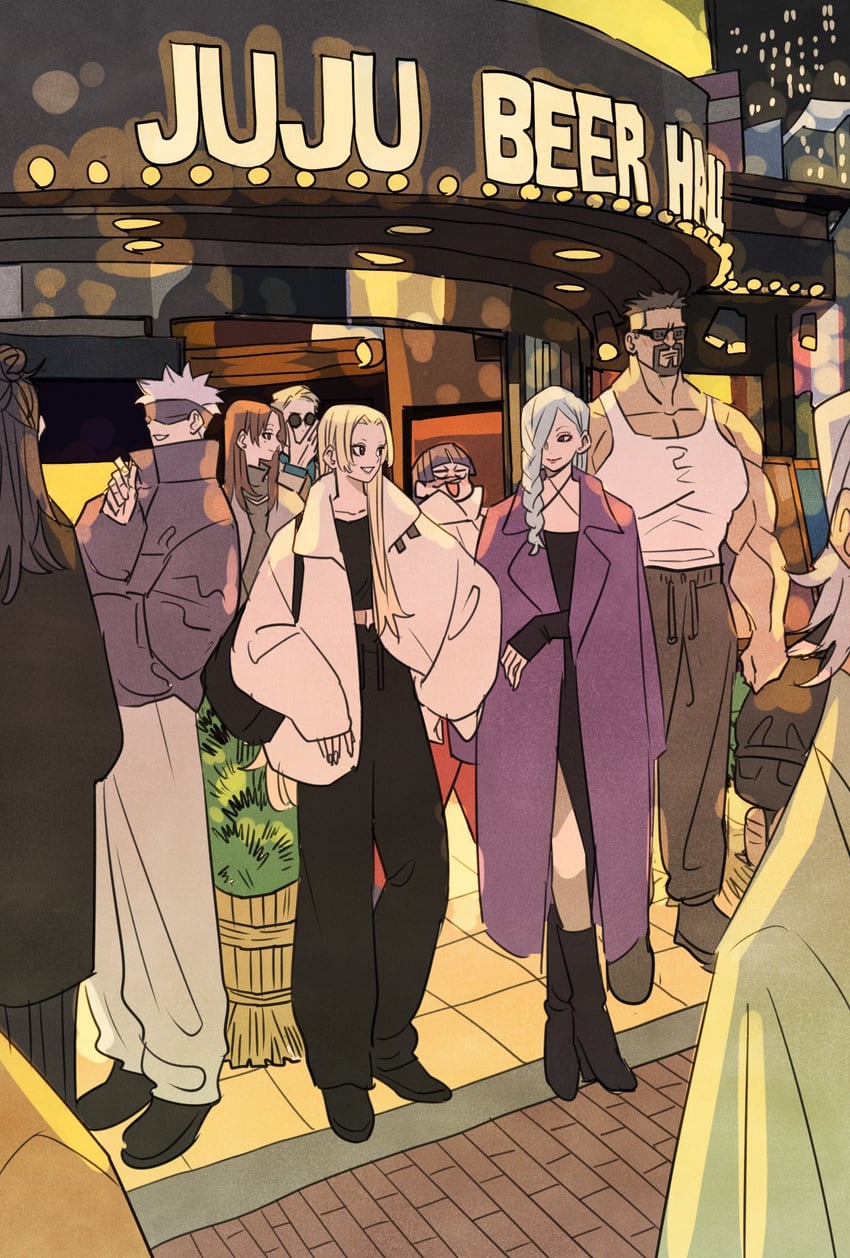 gojou satoru, getou suguru, nanami kento, ieiri shoko, mei mei, and 3 more (jujutsu kaisen) drawn by takeuchi_ryousuke