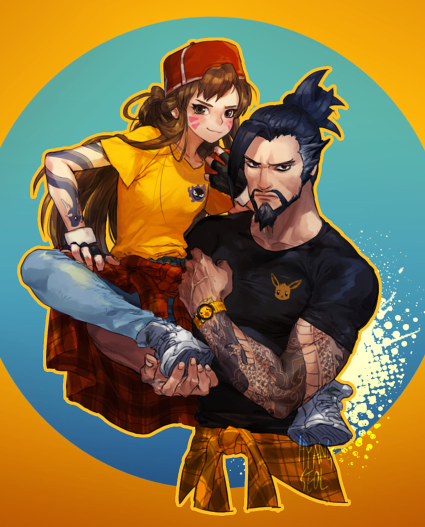 pikachu, eevee, d.va, gastly, hanzo, and 1 more (pokemon and 2 more) drawn by leeis_cool