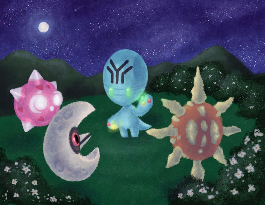 minior, lunatone, solrock, and elgyem (pokemon) drawn by fuzziestdrawings