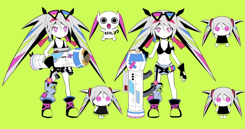 hatsune miku, aimaina, doushite-chan, and game bazooka girl (vocaloid and 2 more) drawn by pinocchio-p