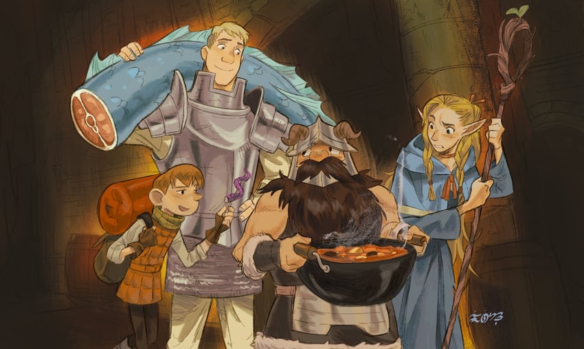 marcille donato, laios touden, senshi, and chilchuck tims (dungeon meshi) drawn by kenesu
