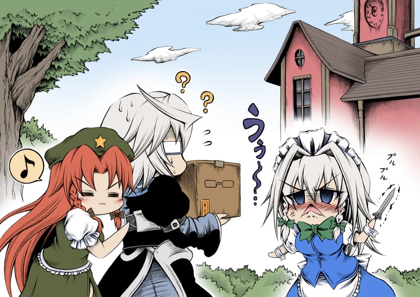 izayoi sakuya, hong meiling, and morichika rinnosuke (touhou) drawn by hidefu_kitayan