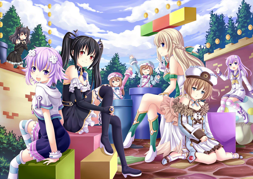 neptune, noire, nepgear, blanc, vert, and 3 more (mario and 1 more) drawn by villyane