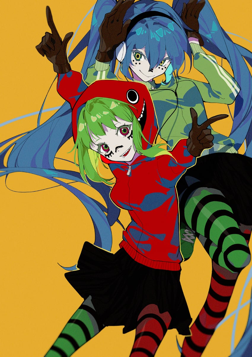 hatsune miku and gumi (vocaloid and 1 more) drawn by indai_(3330425)