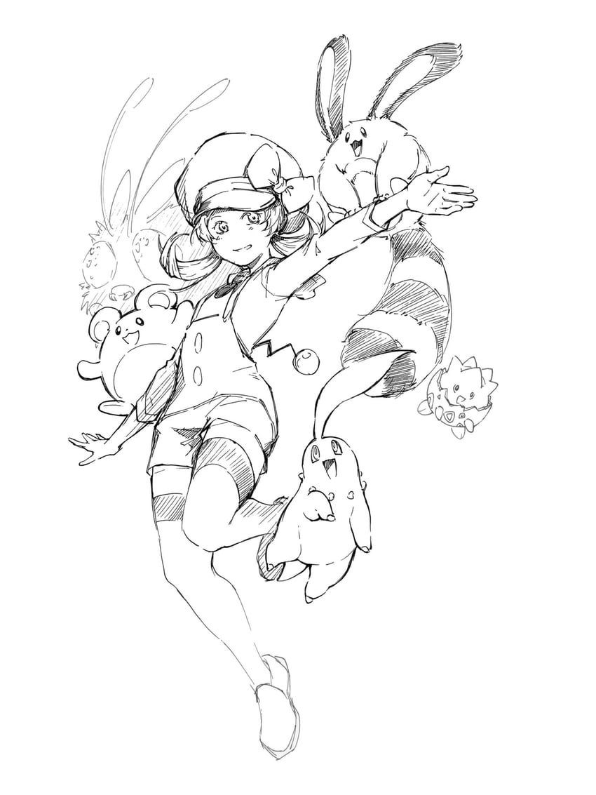 lyra, chikorita, marill, togepi, sentret, and 1 more (pokemon and 1 more) drawn by tan_carbonnn