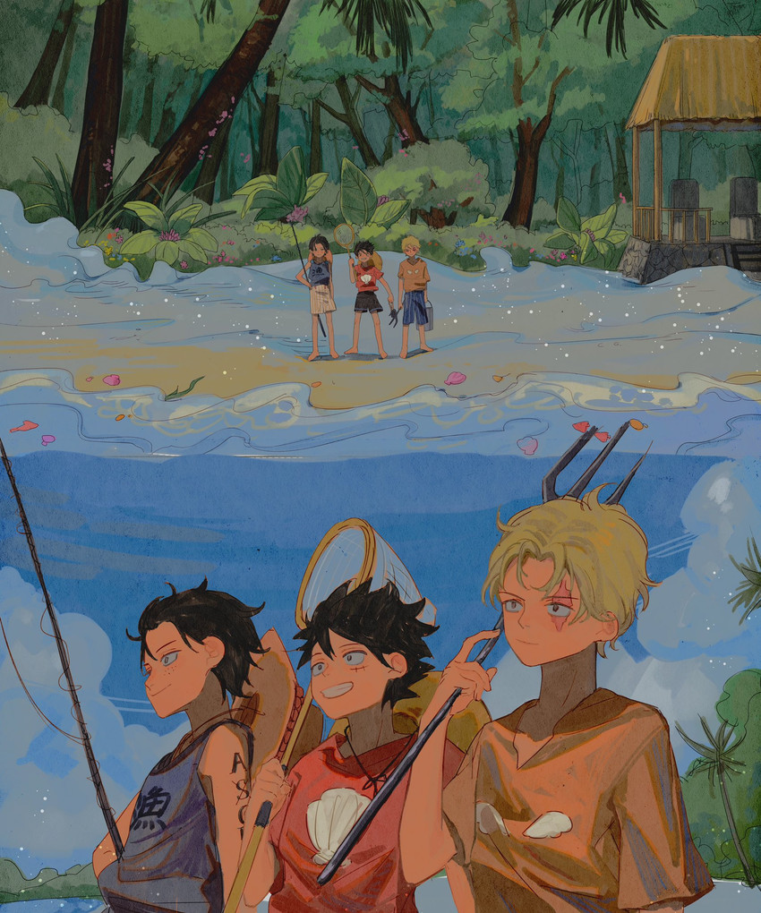 monkey d. luffy, portgas d. ace, and sabo (one piece) drawn by akihare