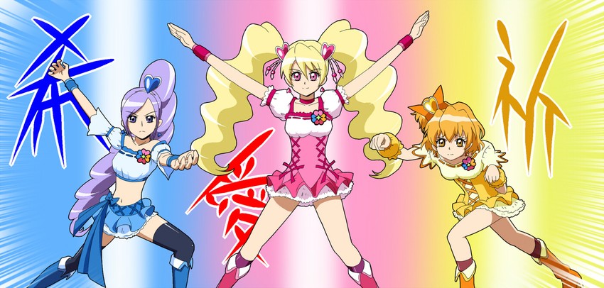momozono love, cure peach, yamabuki inori, aono miki, cure pine, and 1 more (precure and 3 more) drawn by tj-type1