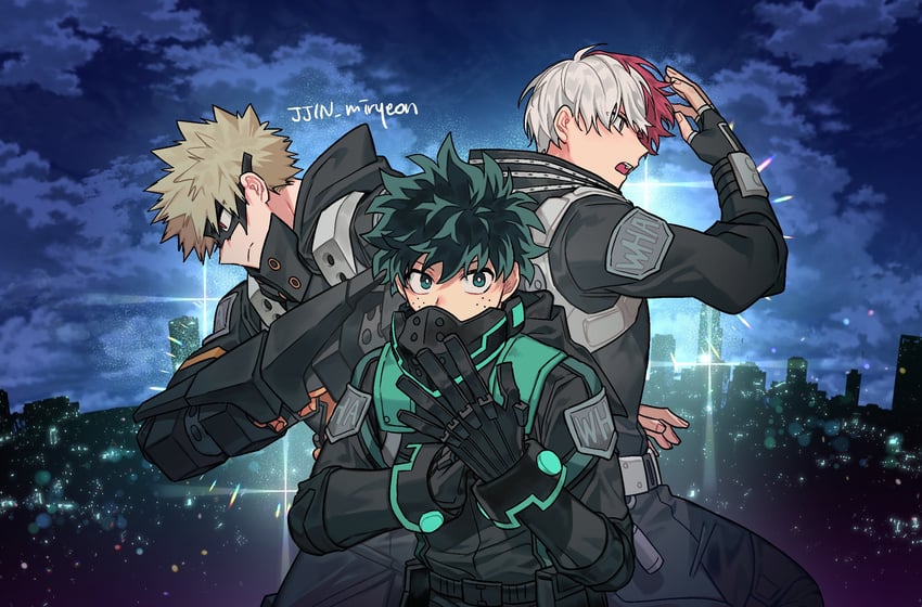 midoriya izuku, bakugou katsuki, and todoroki shoto (boku no hero academia) drawn by misa_(jjin_miryeon)