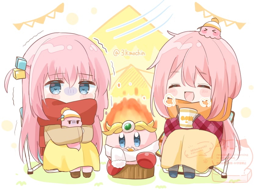 gotoh hitori, kirby, kagamihara nadeshiko, and fire kirby (bocchi the rock! and 2 more) drawn by mike_mochi