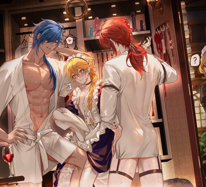 aether, diluc, and kaeya (genshin impact) drawn by pnk_crow