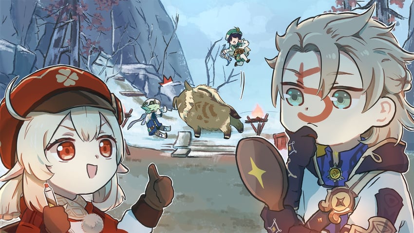 venti, klee, albedo, and sucrose (genshin impact) drawn by xinzoruo