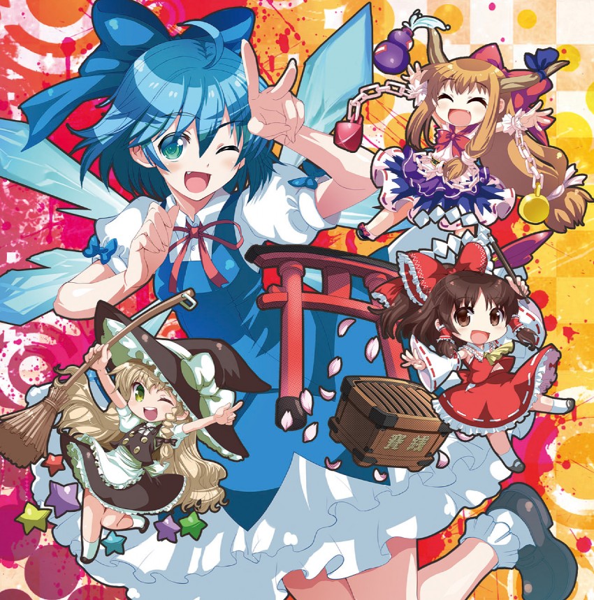 hakurei reimu, kirisame marisa, cirno, and ibuki suika (touhou) drawn by shike_naoto