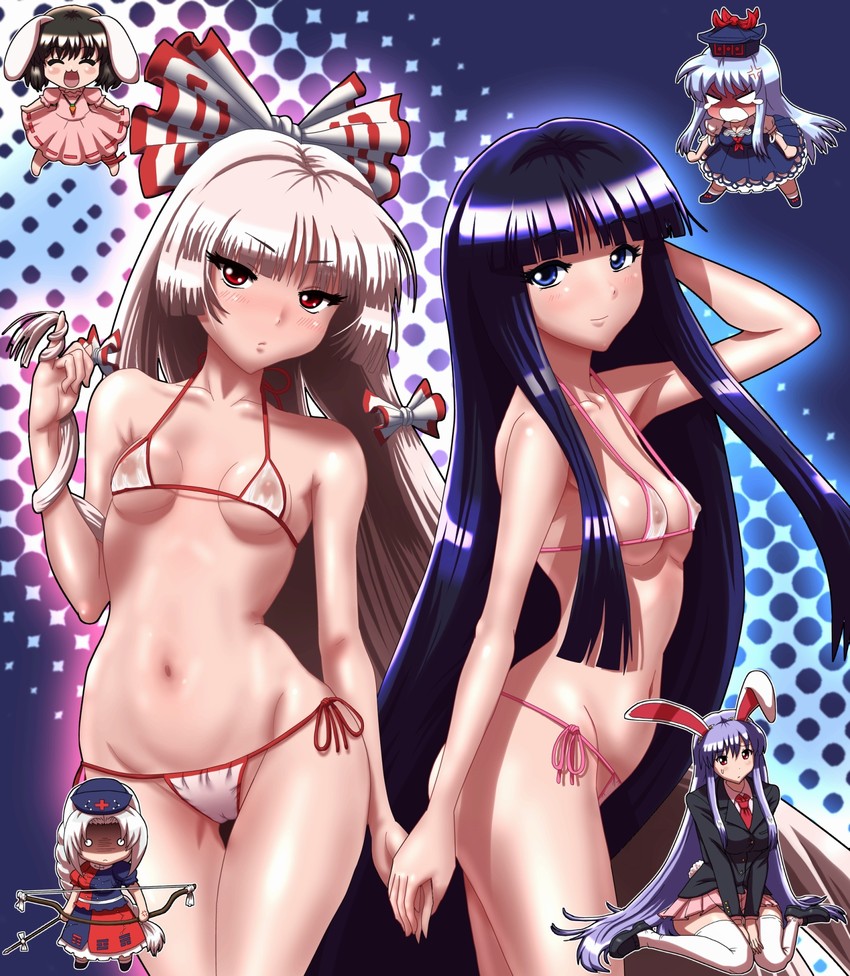reisen udongein inaba, fujiwara no mokou, kamishirasawa keine, houraisan kaguya, inaba tewi, and 1 more (touhou) drawn by kezune_(i-_-i)