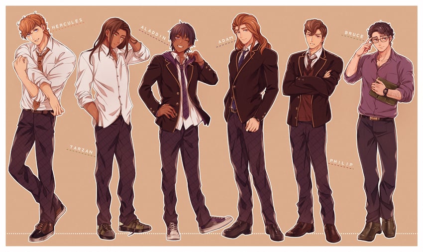 bruce banner, hercules, aladdin, tarzan, phillip, and 1 more (marvel and 6 more) drawn by mizala