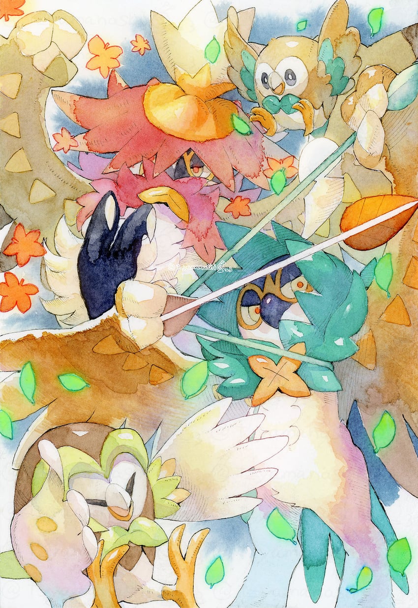 rowlet, decidueye, hisuian decidueye, and dartrix (pokemon) drawn by yamanashi_taiki