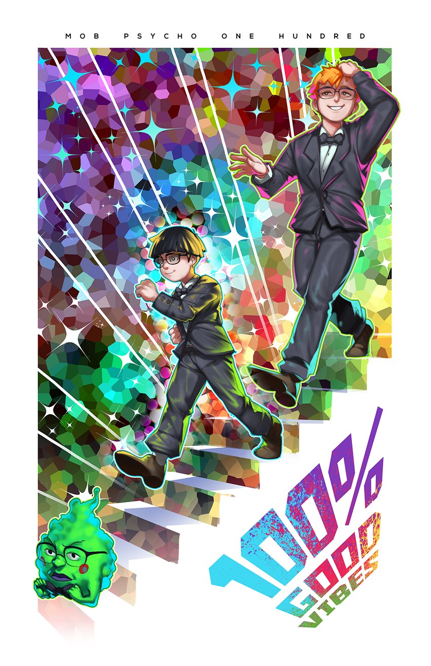 kageyama shigeo, reigen arataka, and ekubo (mob psycho 100) drawn by voodoothur