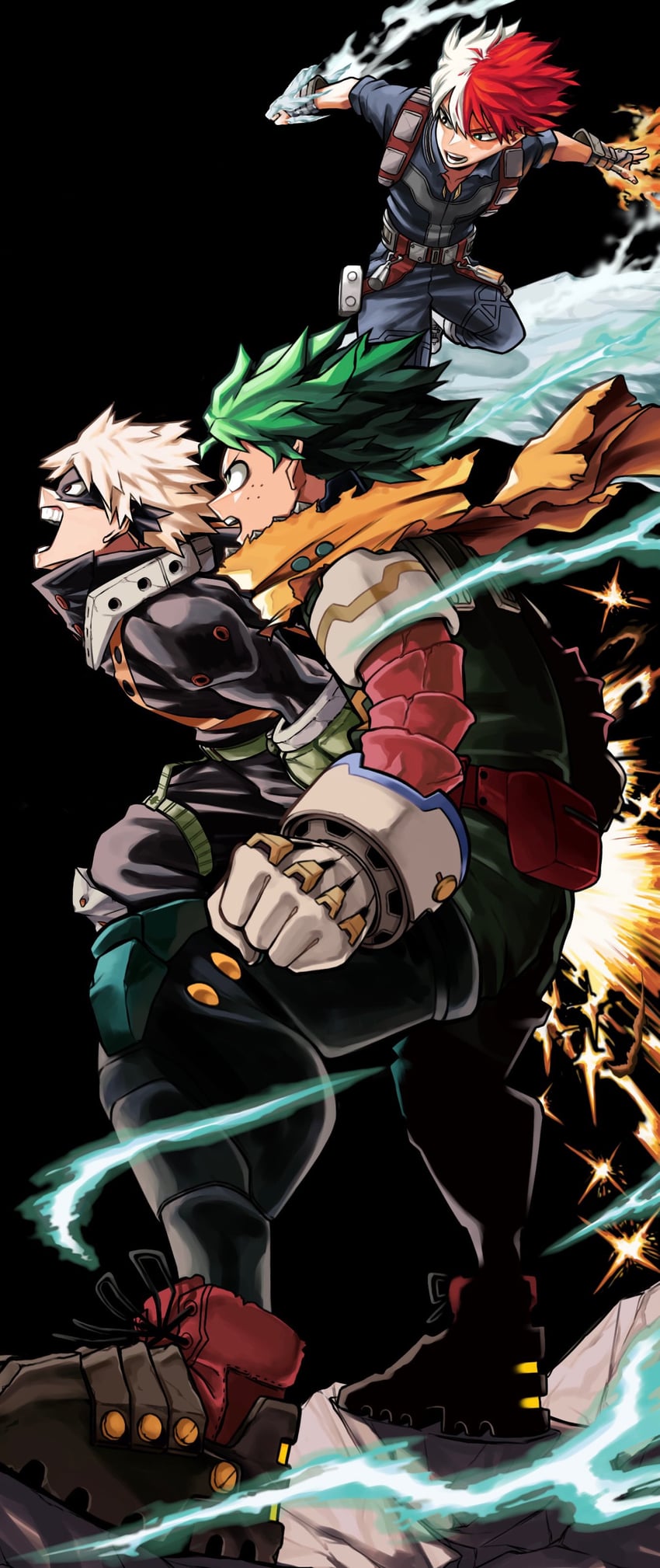 midoriya izuku, bakugou katsuki, and todoroki shoto (boku no hero academia) drawn by hiro_illust11
