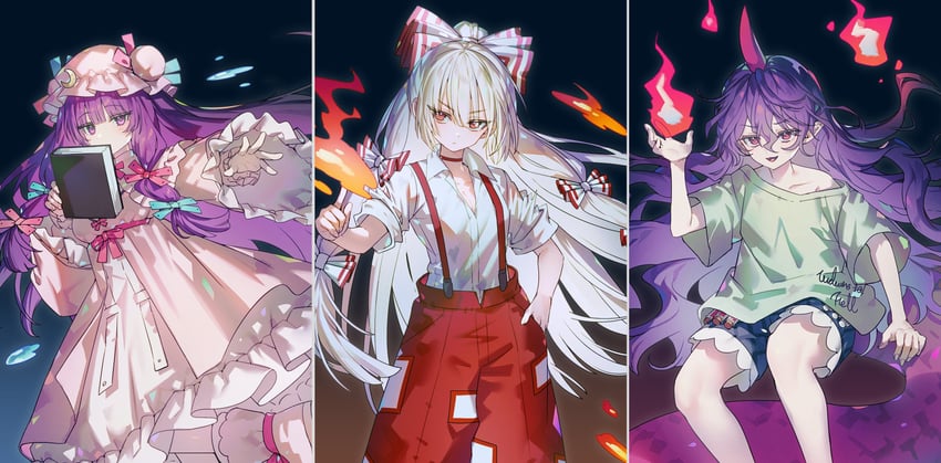 patchouli knowledge, fujiwara no mokou, and tenkajin chiyari (touhou) drawn by here_(hr_rz_ggg)