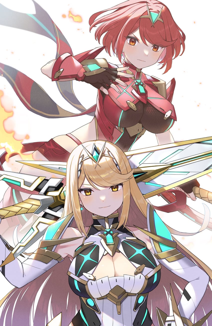 pyra and mythra (xenoblade chronicles and 1 more) drawn by kinagi_(3307377)
