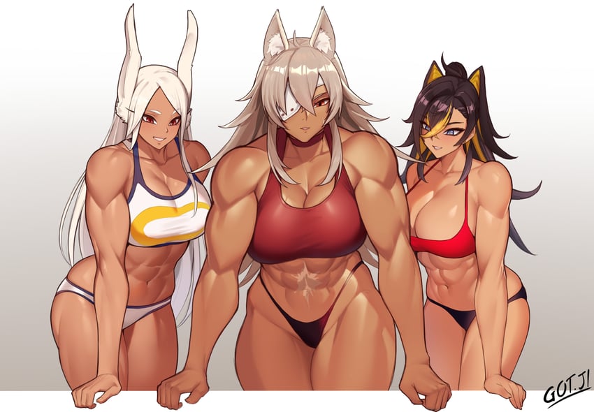 mirko, dehya, and ghislaine dedoldia (genshin impact and 2 more) drawn by got_ji_(gojich1)