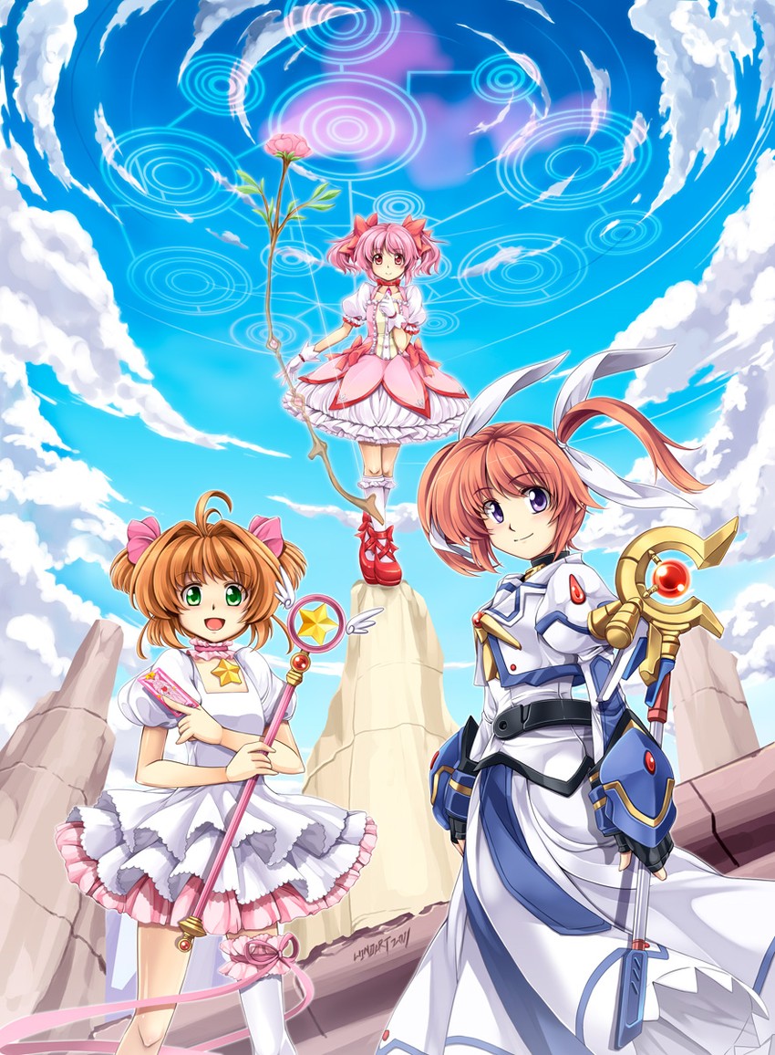 kaname madoka, takamachi nanoha, kinomoto sakura, raising heart, and hope (mahou shoujo madoka magica and 4 more) drawn by windart