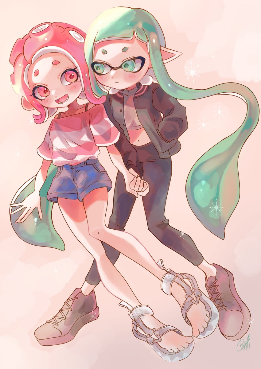 inkling player character, inkling girl, octoling player character, and octoling girl (splatoon) drawn by payayo884