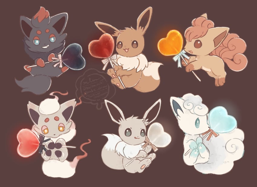 eevee, alolan vulpix, vulpix, zorua, and hisuian zorua (pokemon) drawn by mkt_(buizu-miki)