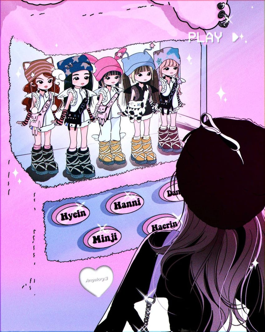 haerin, hanni, minji, hyein, and danielle (real life and 1 more) drawn by yulia_(angelcry.3)