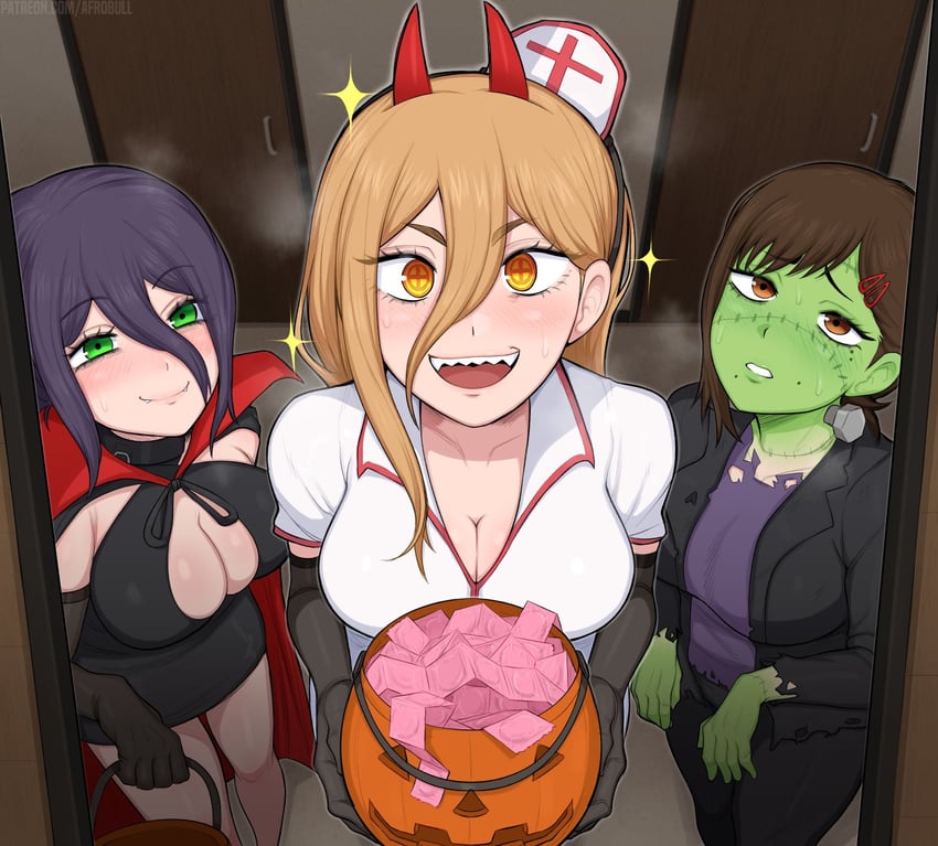 power, reze, higashiyama kobeni, and frankenstein's monster (chainsaw man) drawn by afrobull