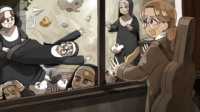 clumsy nun, spicy nun, glasses nun, hungry nun, leaf nun, and 1 more (little nuns) drawn by diva_(hyxpk)