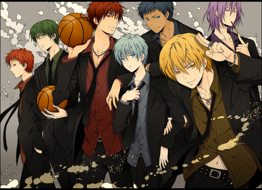kuroko tetsuya, aomine daiki, kise ryouta, kagami taiga, akashi seijuurou, and 2 more (kuroko no basuke) drawn by yuuno_(yukioka)