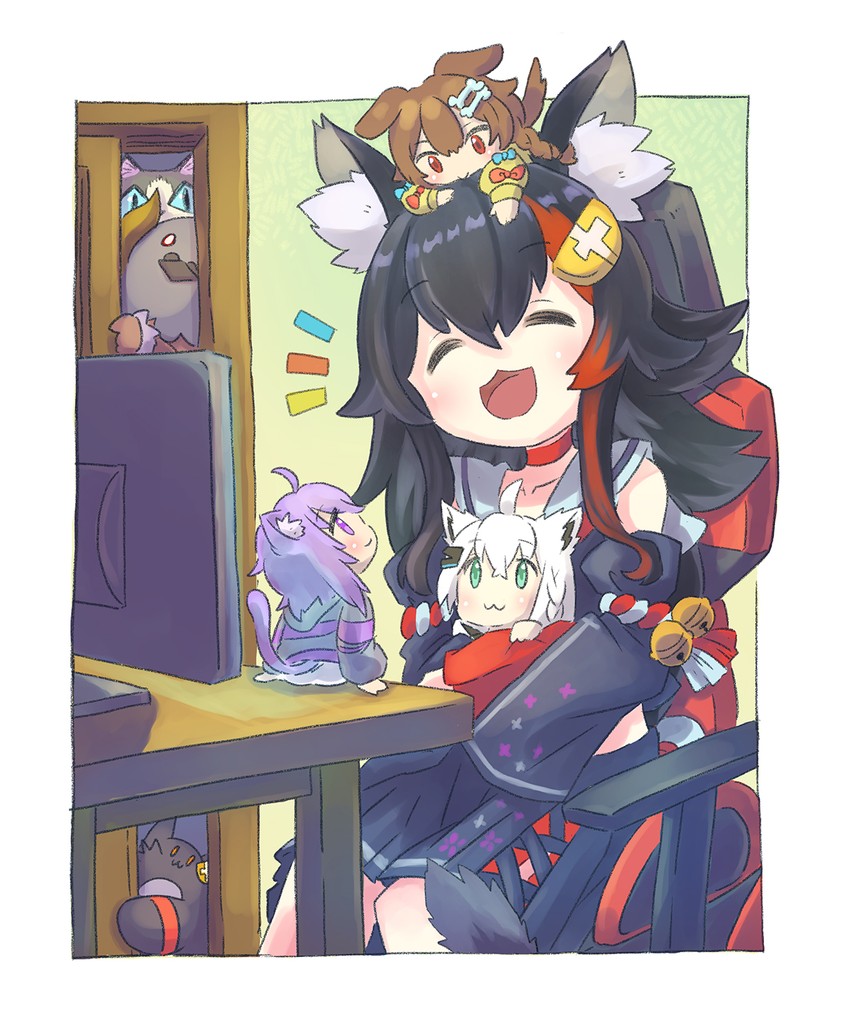 shirakami fubuki, nekomata okayu, ookami mio, inugami korone, taiga, and 2 more (hololive) drawn by yunra665