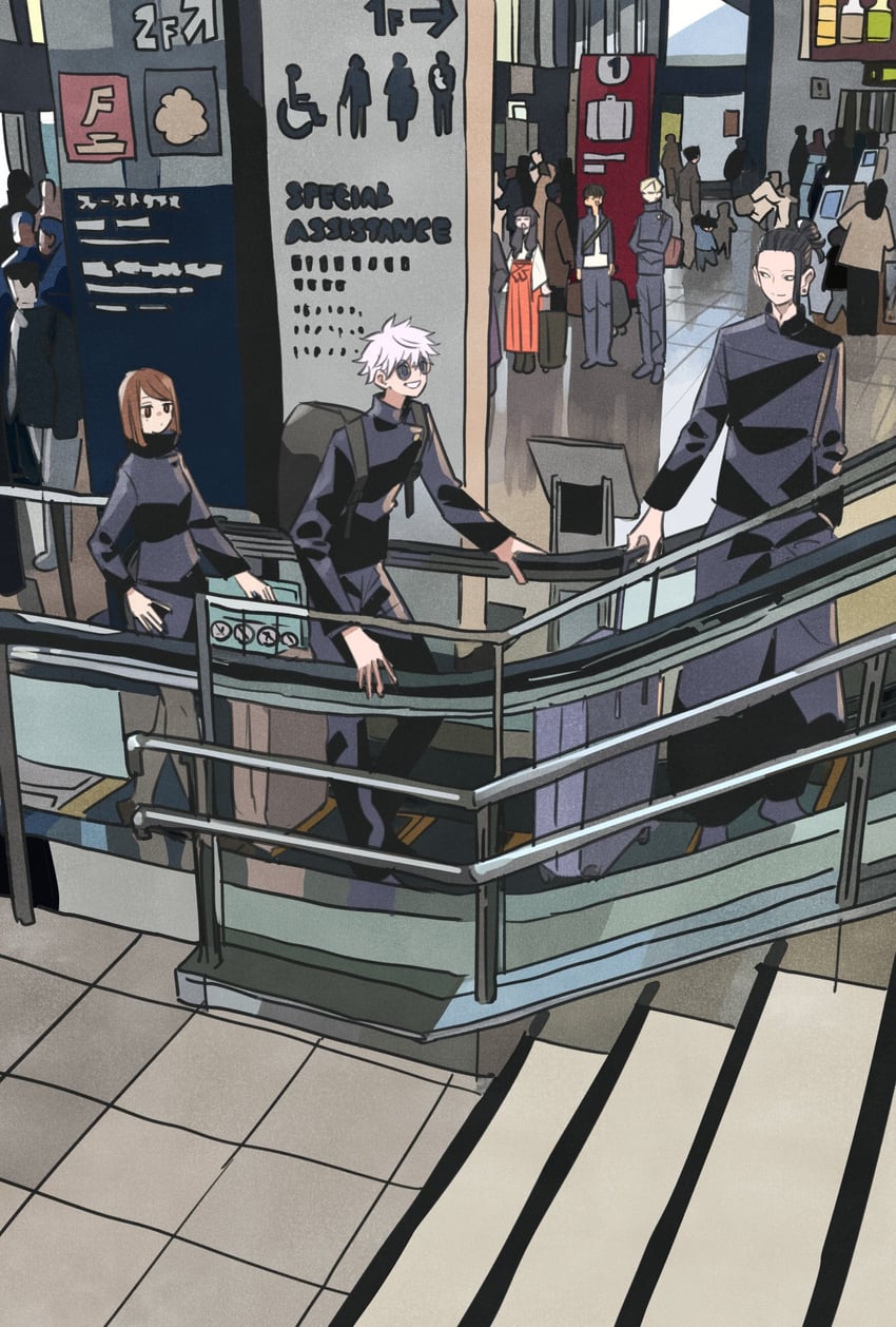 gojou satoru, getou suguru, nanami kento, ieiri shoko, iori utahime, and 1 more (jujutsu kaisen) drawn by takeuchi_ryousuke