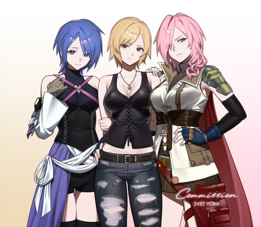 lightning farron, aqua, and aya brea (final fantasy and 5 more) drawn by svet_yomi