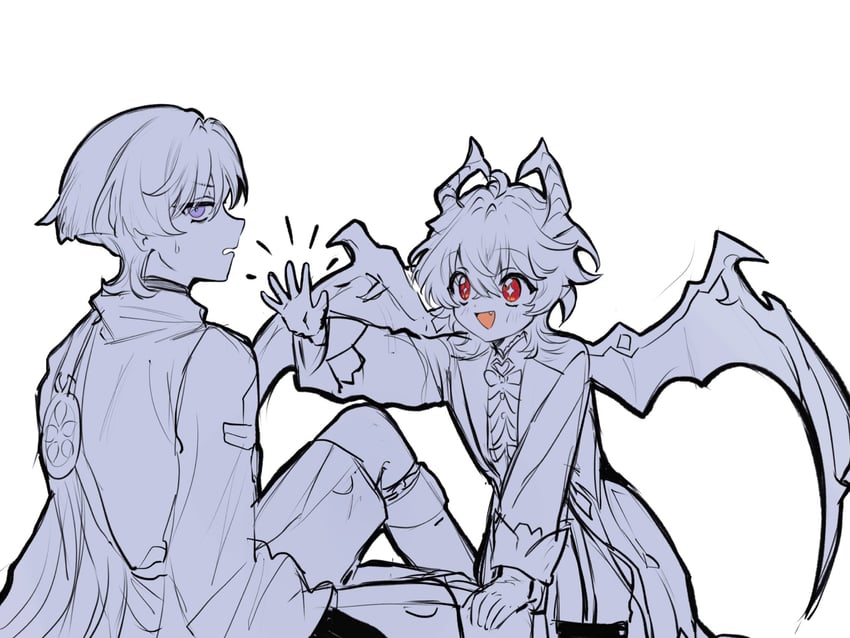 scaramouche, wanderer, and mini durin (genshin impact) drawn by zenoo0018