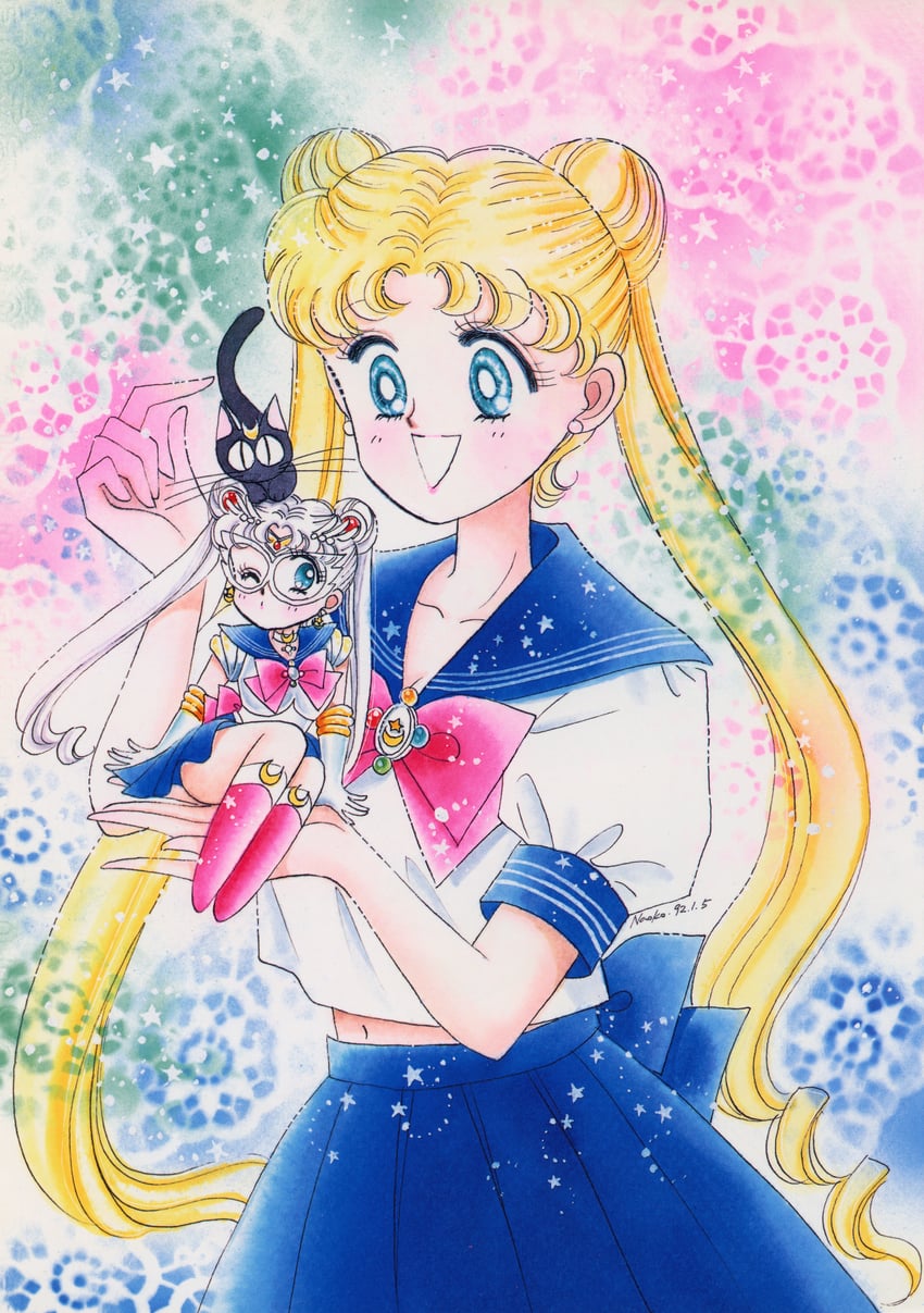tsukino usagi, sailor moon, and luna (bishoujo senshi sailor moon) drawn by takeuchi_naoko